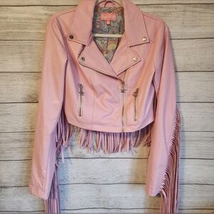 Sugar Thrillz Y2K Pastel Pink Fringe Faux Leather Jacket Size Small Excellent